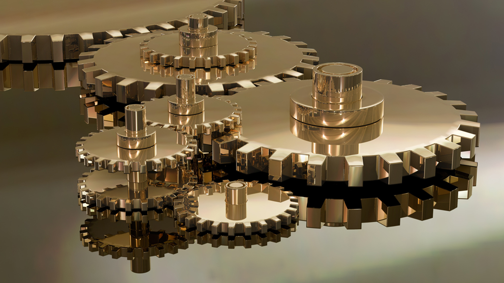 Industrial cog-wheels representing Virtis mechanical precision and engineering heritage